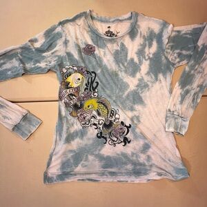 Blue Tie-Dye Long Sleeve Sheer Top with Fish Design